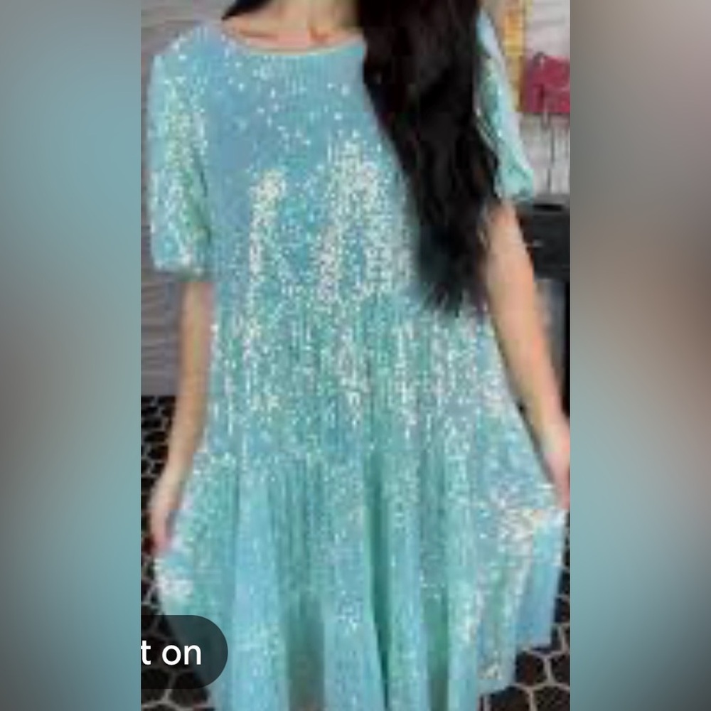 She + Sky Sparkling Aqua Sequin Tiered Twirl Dress, 1XL